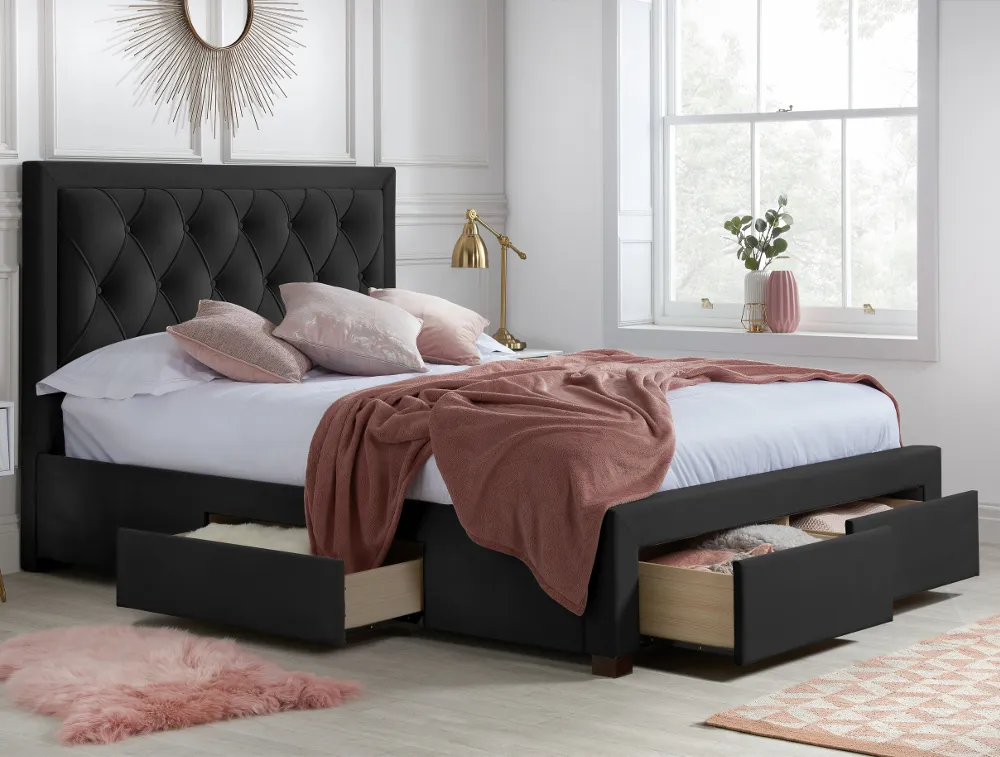 Woodbury - Super King Size - 4 Drawer Storage Bed - Black - Velvet - 6ft - Happy Beds 1