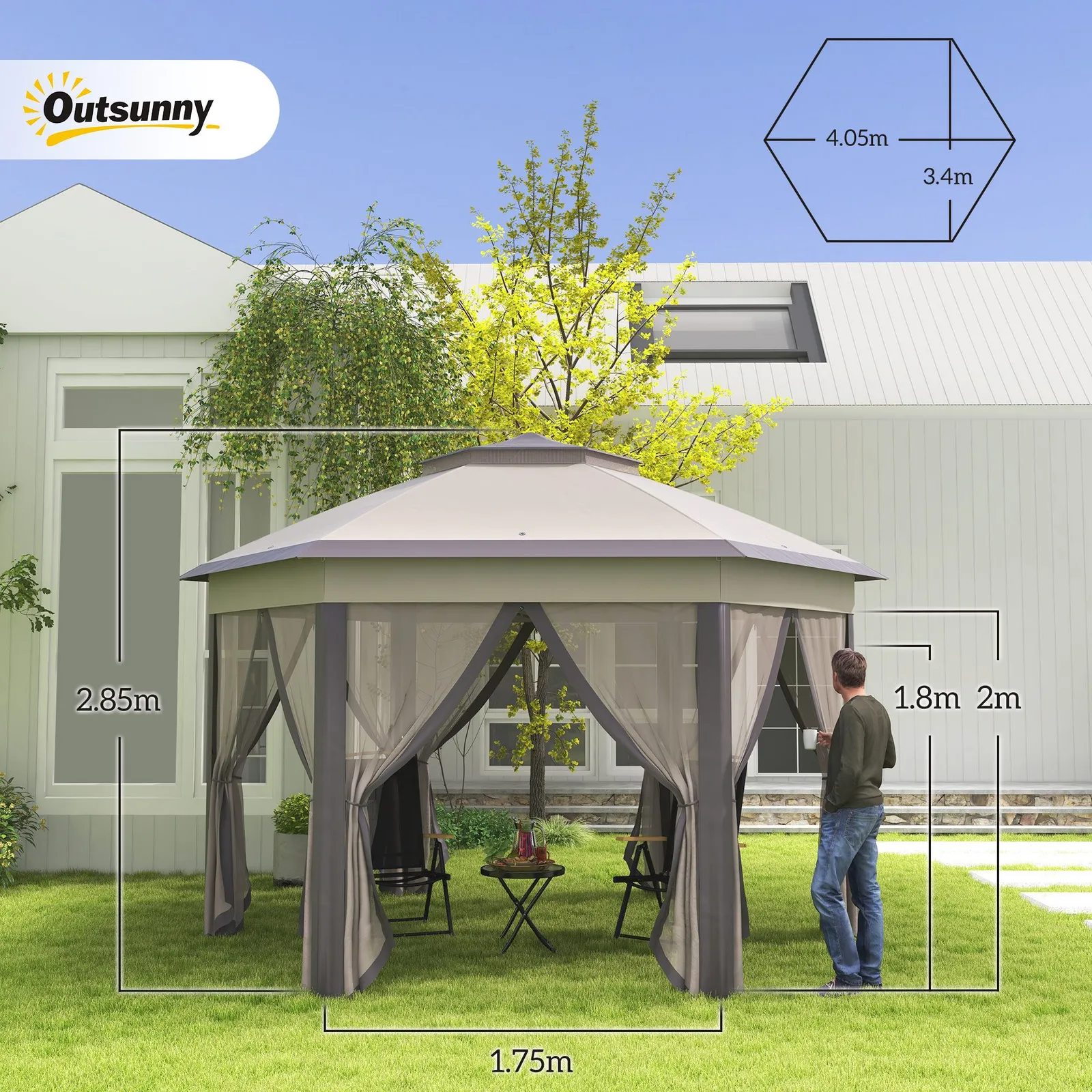 OUTSUNNY 3x4m Hexagon Gazebo w/ Metal Frame Mesh Curtains Outdoor Garden in Beige 3