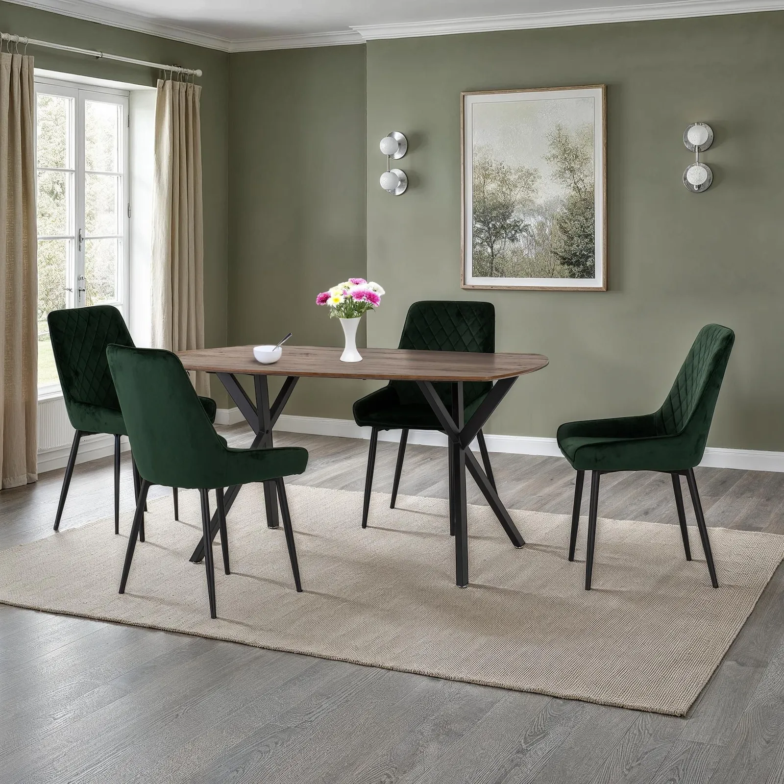 Seconique Athens Rectangular Medium Oak Dining Set with Avery Chairs in Green 1