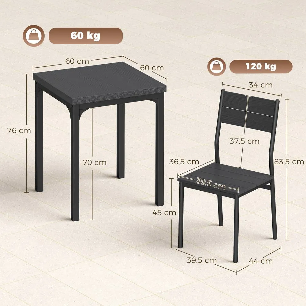 HOMCOM 3 Pcs Compact Dining Table 2 Chairs Set Black Wood Effect 3