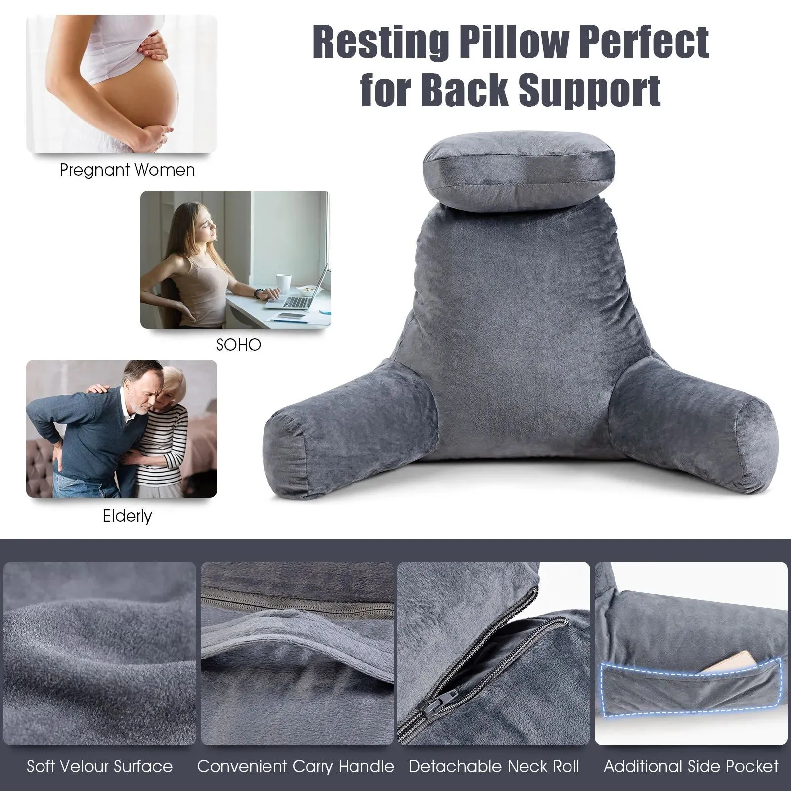 Costway Big Bed Rest Pillow Soft Back Support with Support Arms Relaxing Gaming Reading in Grey 3