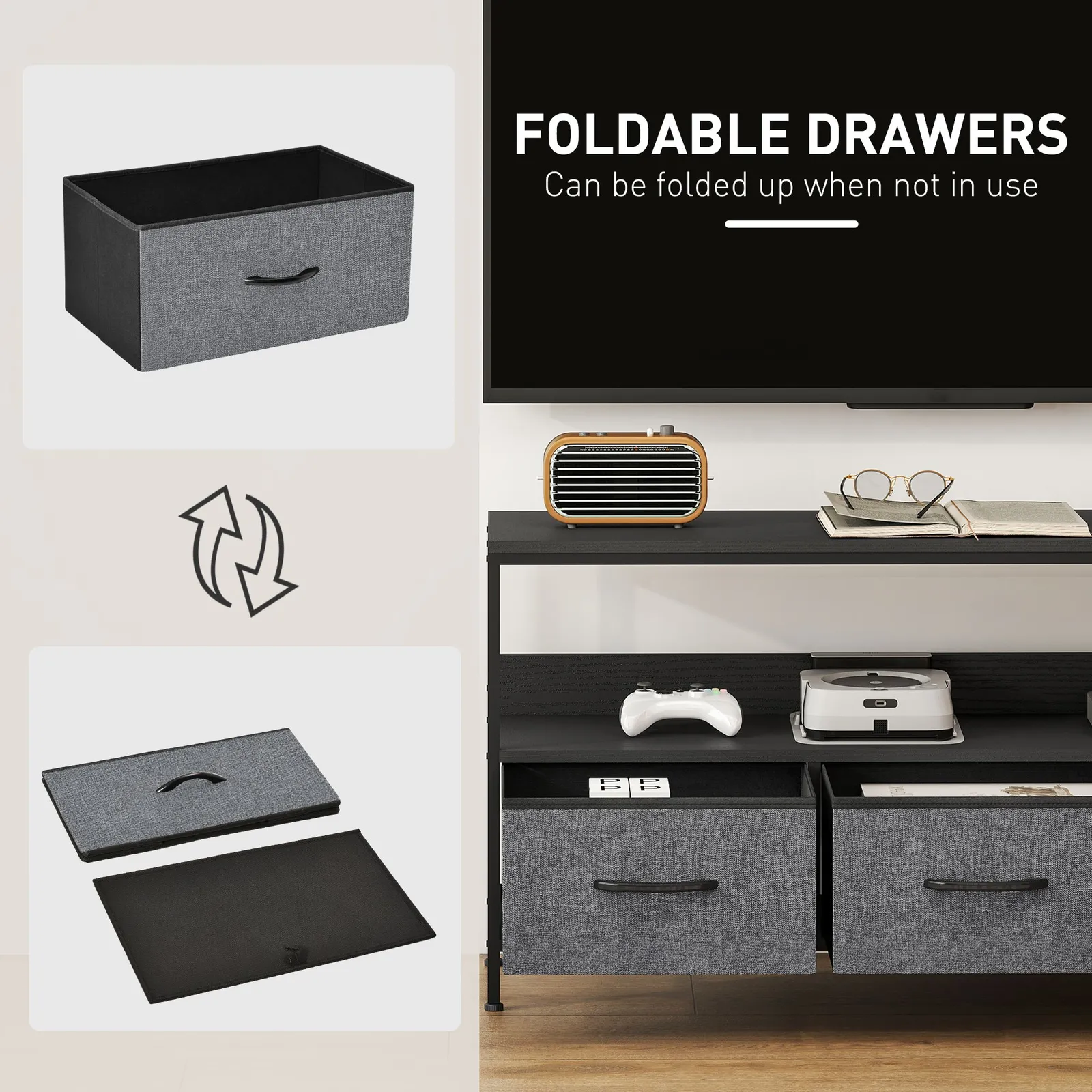 HOMCOM TV Cabinet, TV Console Unit with 3 Foldable Linen Drawers Black 4