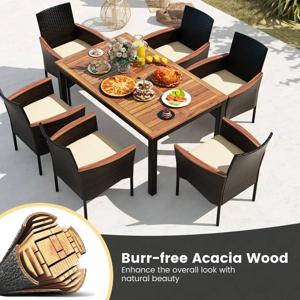 Costway 7 Pieces PE Rattan Outdoor Patio Dining Set with 6 Stackable Chairs in Brown