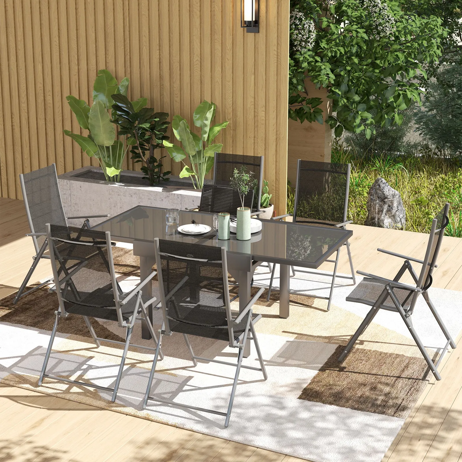 OUTSUNNY 7 Piece Outdoor Dining Set w/ Extendable Table & 6 Folding Chairs in Black