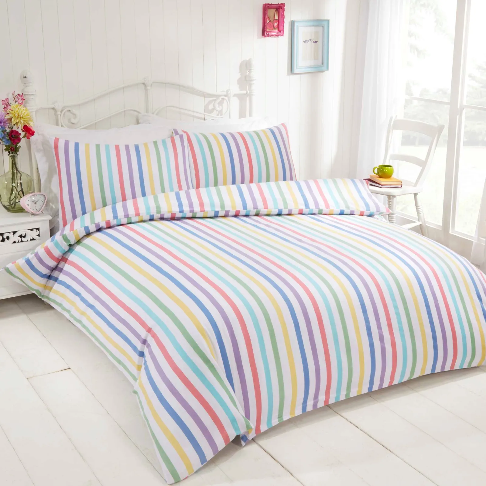 Rapport Home Candy Stripe Pure Cotton Luxury Duvet Cover Set with Pillowcase in White