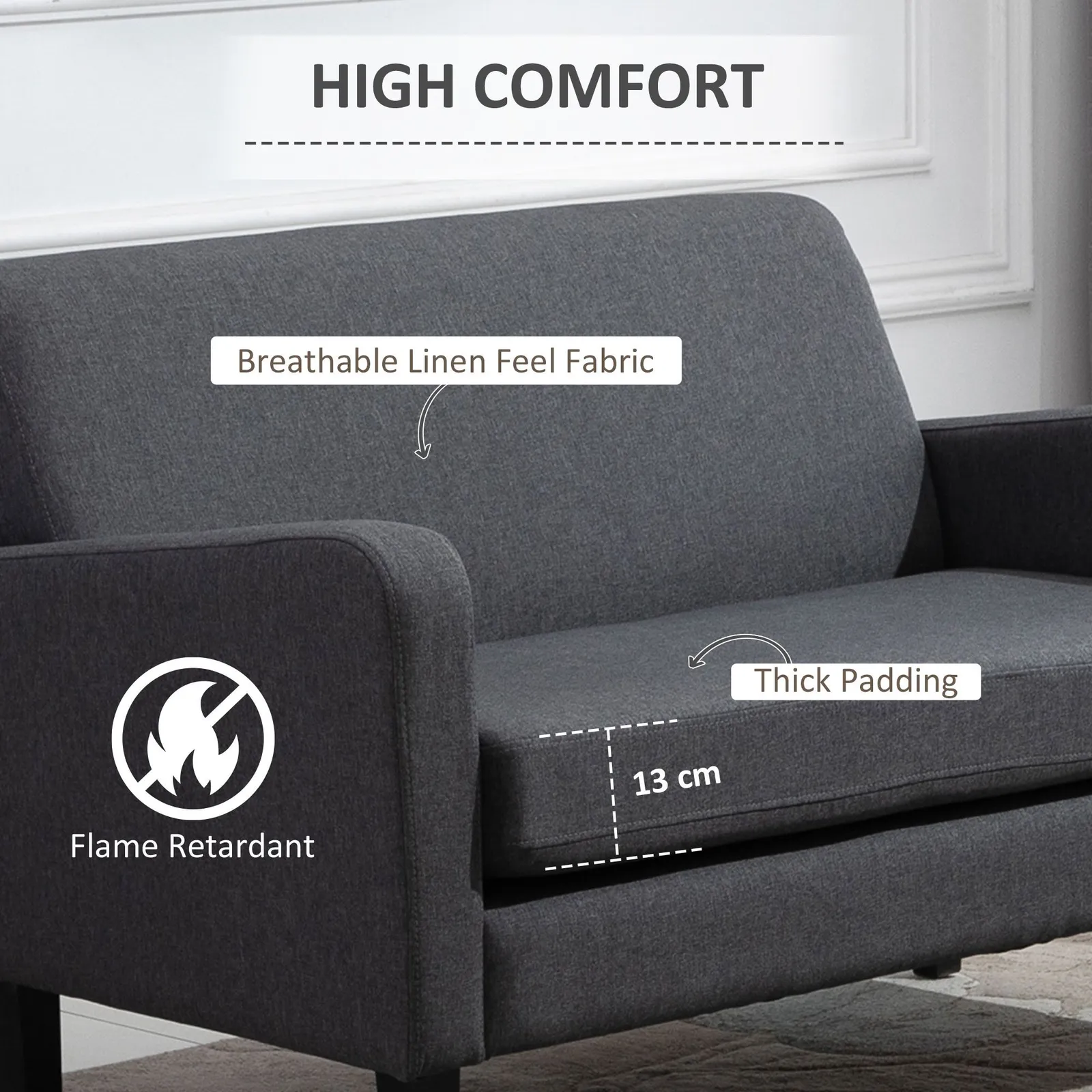 HOMCOM Linen Modern-Curved 2-Seat Sofa Loveseat with Thick Cushion Wood Legs in Grey 4