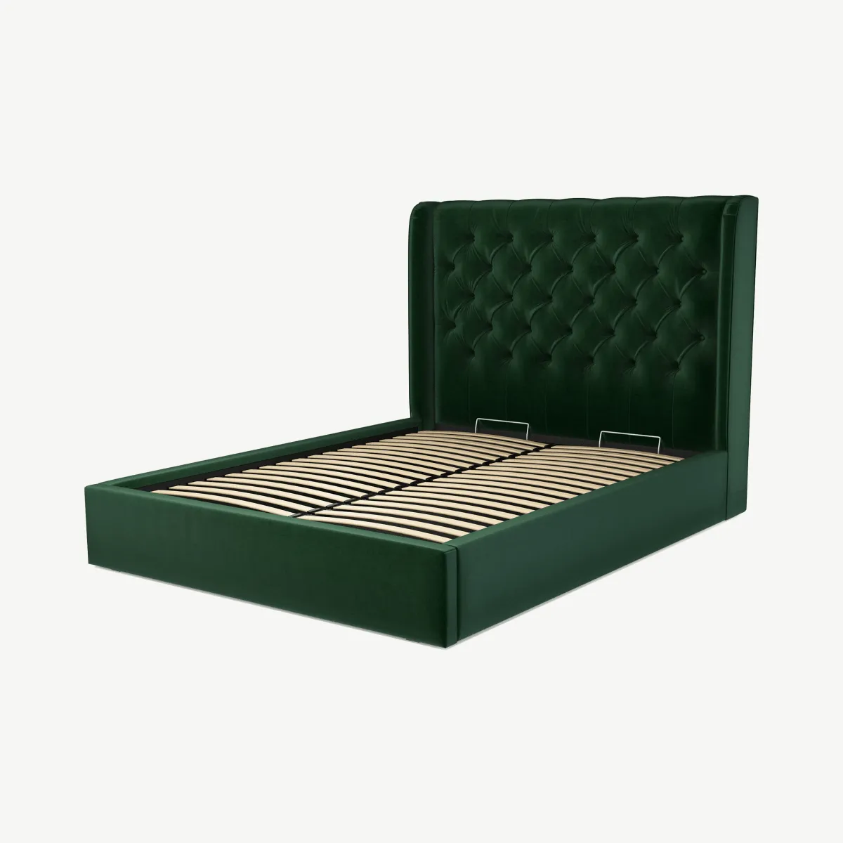 Romare King Size Ottoman Storage Bed, Bottle Green Velvet