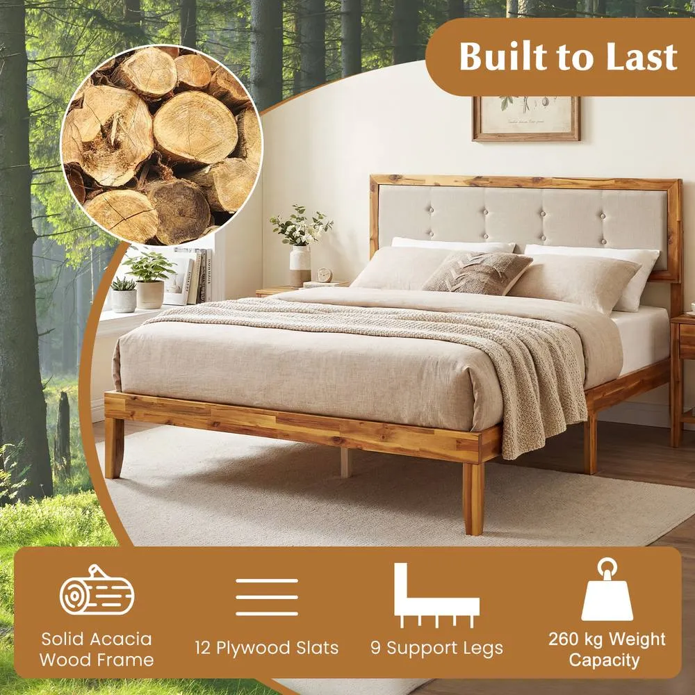 Costway King Size Bed Frame Solid Acacia Wood Platform Beds w/Tufted Headboard 5