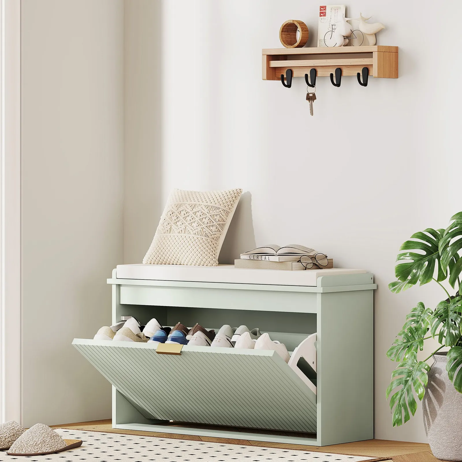 HOMCOM Shoe Storage Bench with Cushion & Flip-Drawer in Green