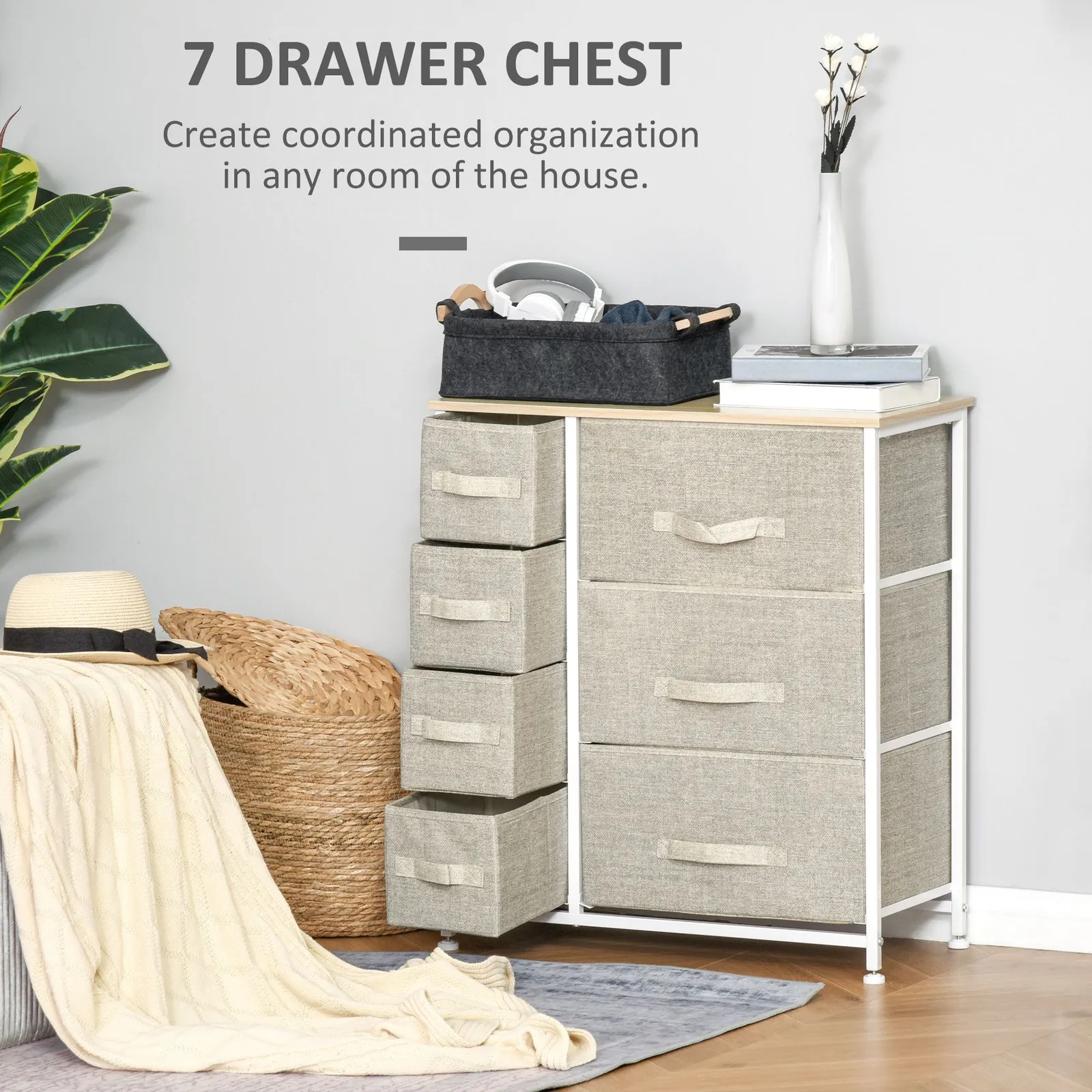 HOMCOM 7 Chest of Drawers Fabric Drawers with Metal Frame in Light Grey 4