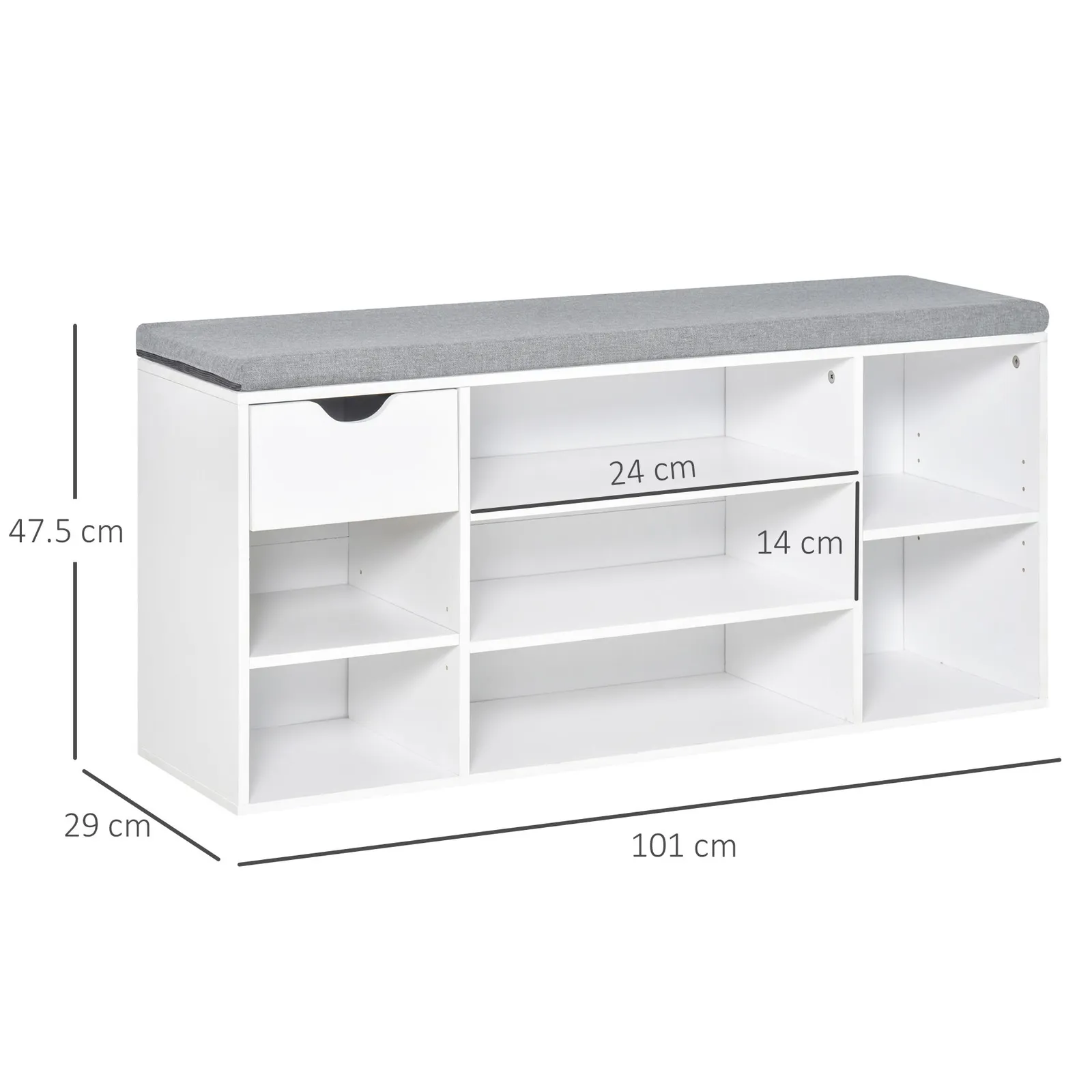 HOMCOM Shoe Storage Bench with Cushion 7 Compartments Adjustable Shelves in White 3