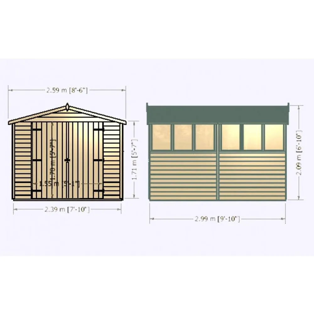 Shires Overlap 10 x 8 Feet Dip Treated Apex Shed Double Door with Windows in Brown 2