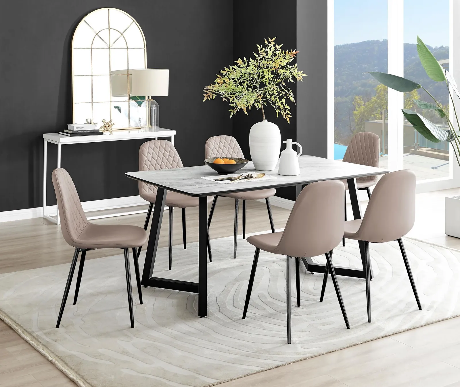FurnitureboxUK Carson White Marble Effect Dining Table & 6 Corona Black Leg Chairs in Beige 1
