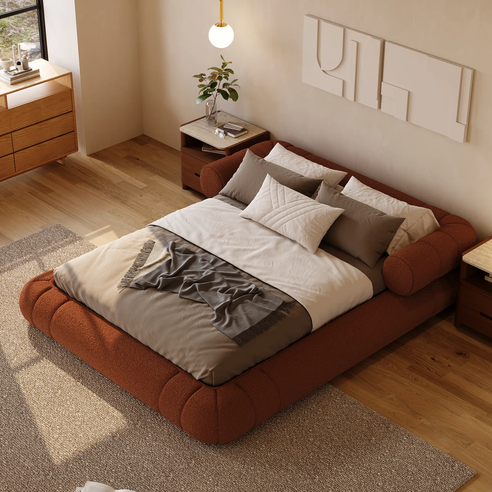 Queen Size Boucle Upholstered Cloud Floor Bed Frame