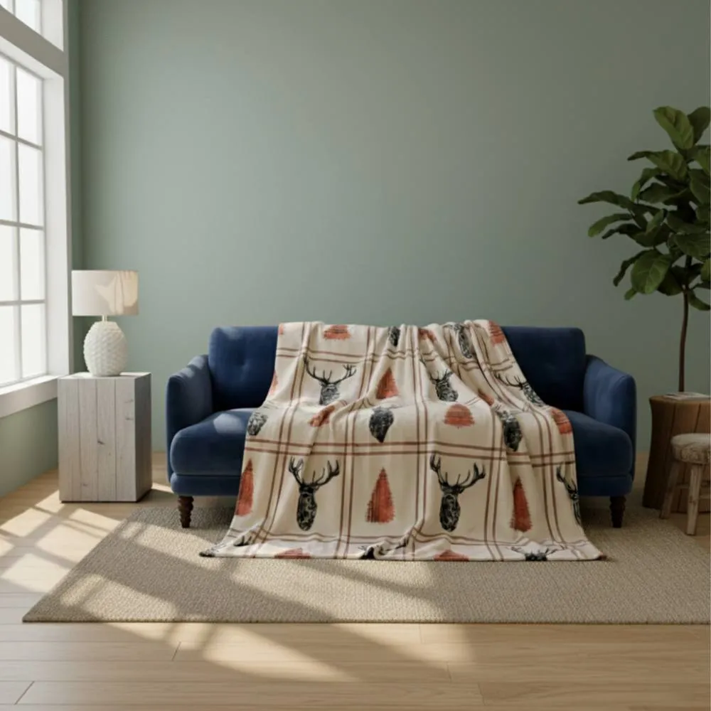 Snug City Stag Print Christmas Throw Blanket Cozy Festive Holiday Decor Gift in Cream