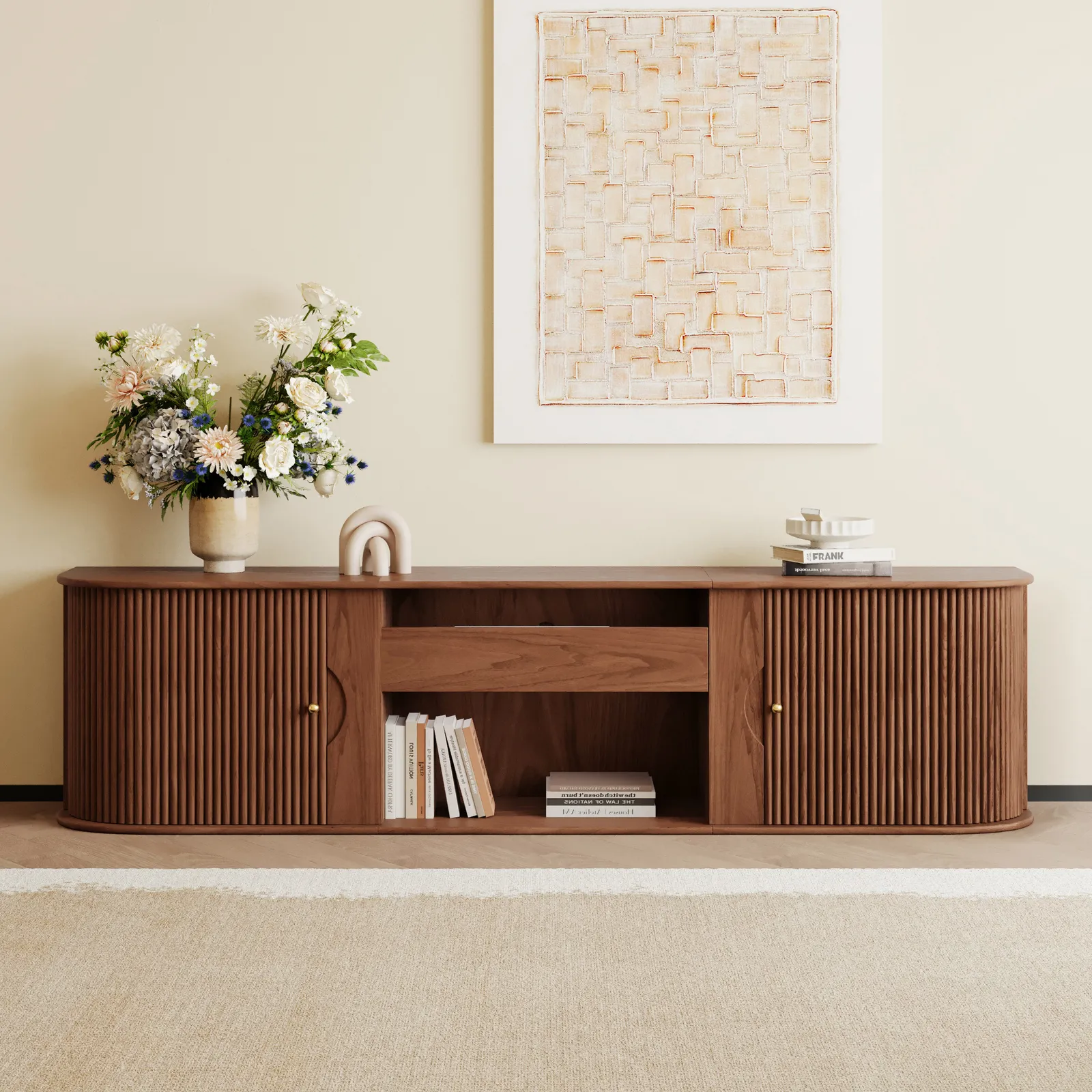 210 cm Ash Wood Fluted TV Stand Mid Century Modern Media Console with UST Projector Cabinet & LED in Walnut