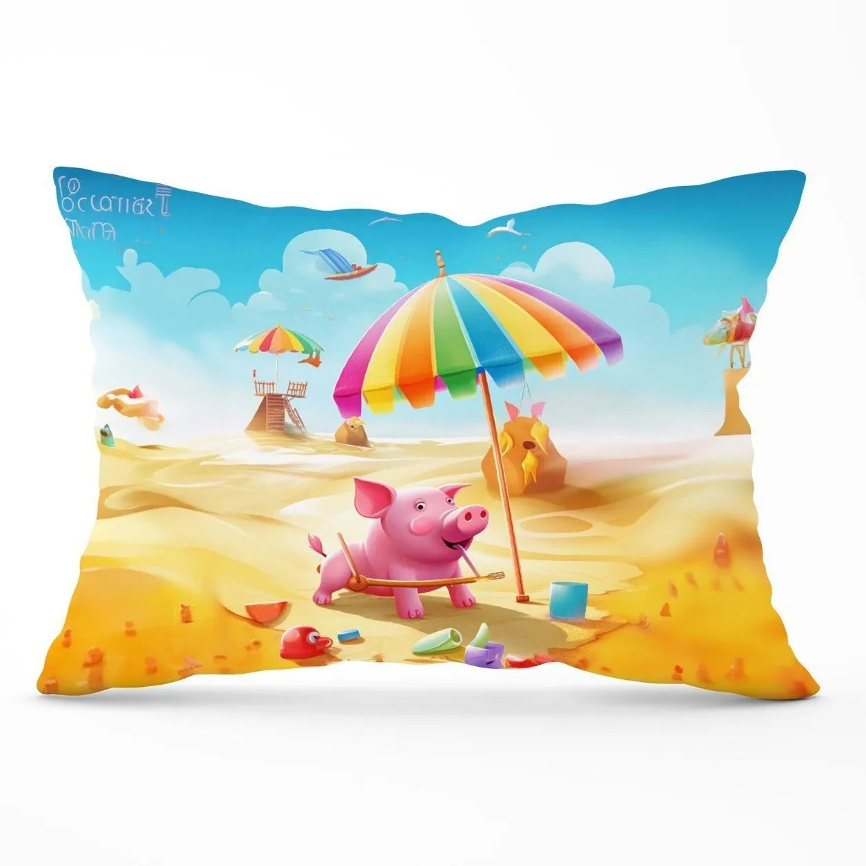 Warren Reed - Designer Pig On A Beach Holiday Cushions in Yellow