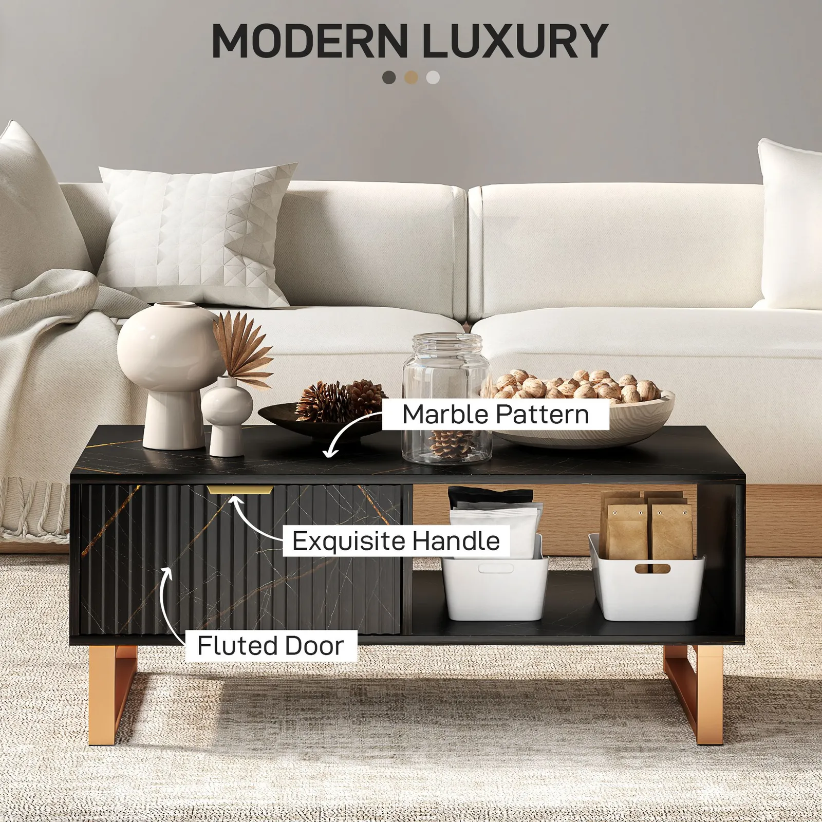 HOMCOM Coffee Table, Living Room Table with Drawer & Open Shelves in Black 4