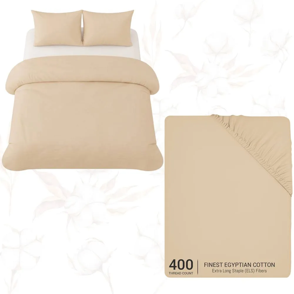 Grace Luxury Double Duvet Cover Set with Matching Fitted Sheet in Beige