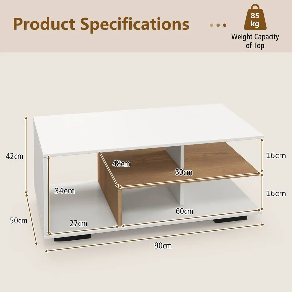 Costway Modern Rectangular Center Table Wooden Coffee Table w/ L-shaped Middle Shelf in White 6