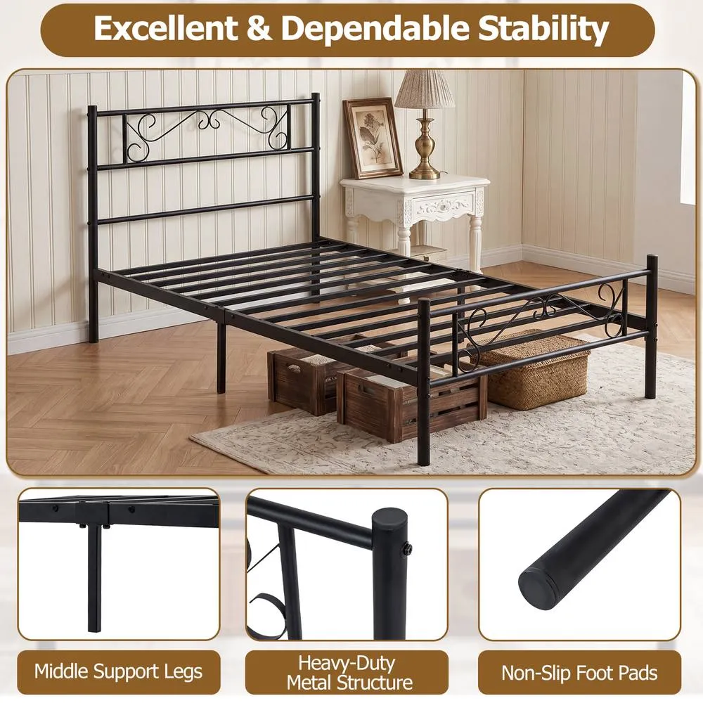 Costway Single Size Metal Bed Frame with Floral Headboard & Footboard in Black 5