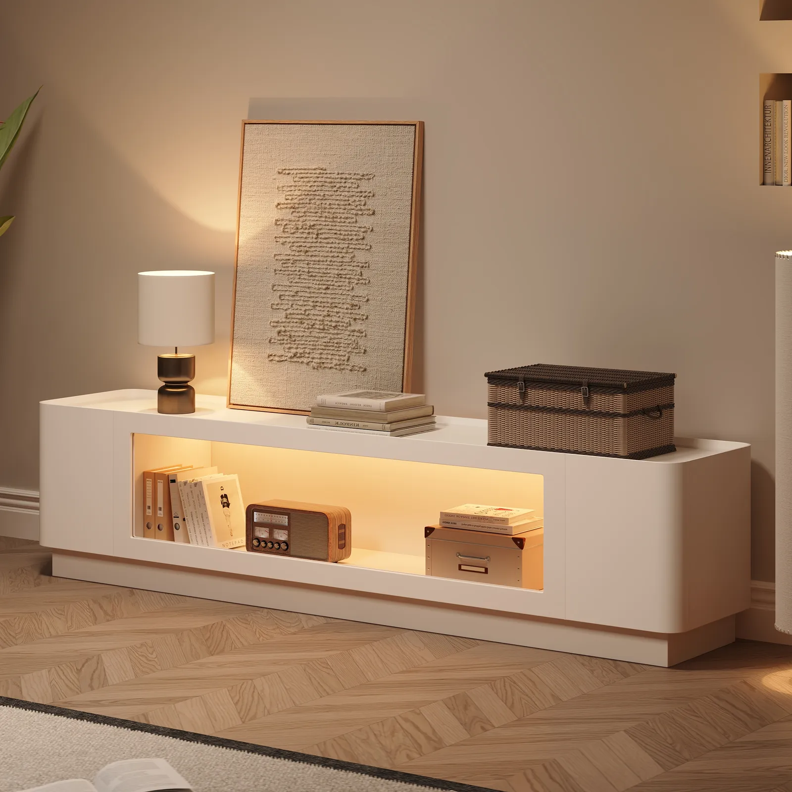 200 cm Glass Door TV Stand Mid Century Modern Wood Media Console with Storage & LED in White