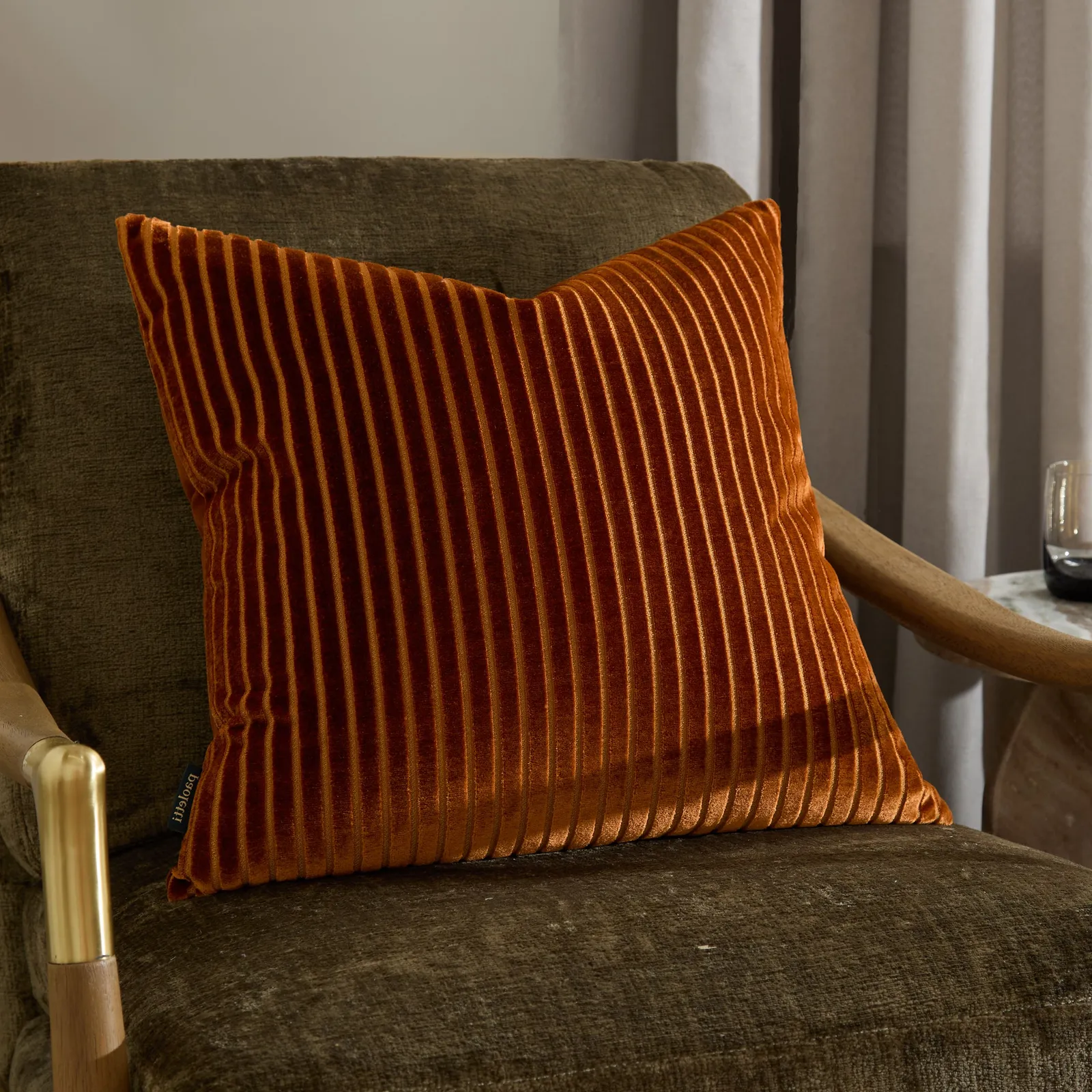 Paoletti Savoy Stripe Velvet Cushion in Bronze 1