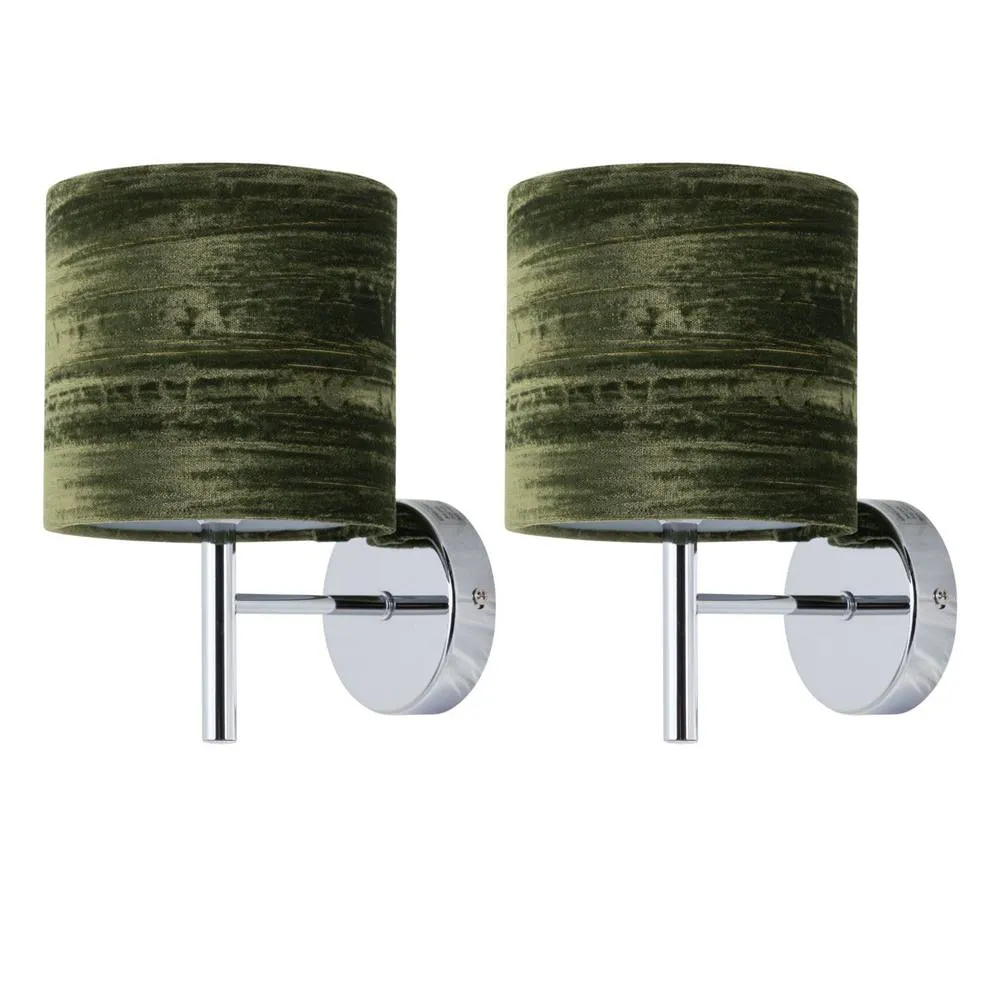 First Choice Lighting Set of 2 Brea - Chrome Wall Lights with Green Crushed Velvet Shades in Silver