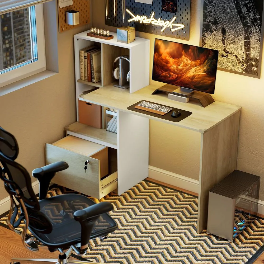 HOMCOM Computer Desk with Lockable File Drawers, Oak Wood Effect in Natural