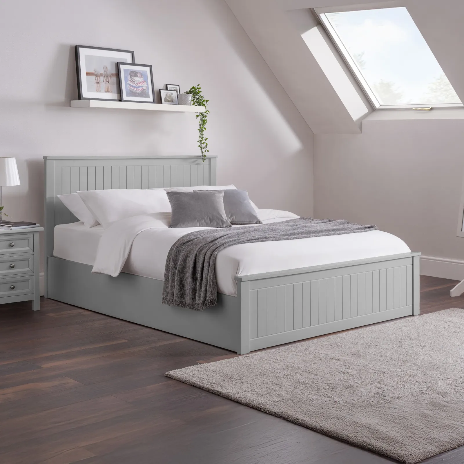 Maine - Double - Ottoman Storage Bed - Light Grey - Wooden - 4ft6 - Happy Beds