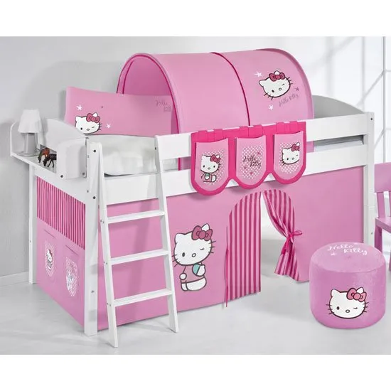 Lilla Children Bed In White With Kitty Pink Curtains