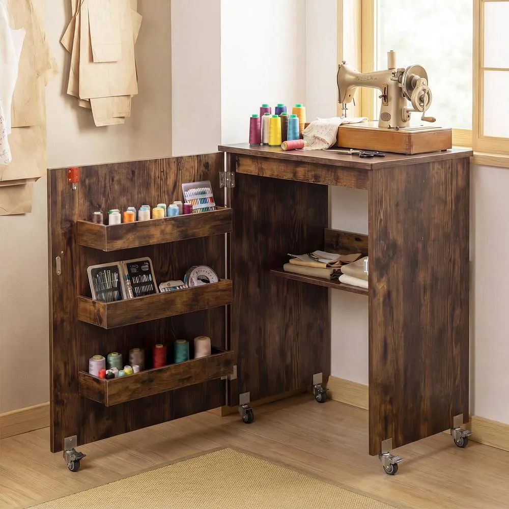 Costway Folding Sewing Table Mobile Sewing Machine Desk Rolling Craft Station in Brown 3