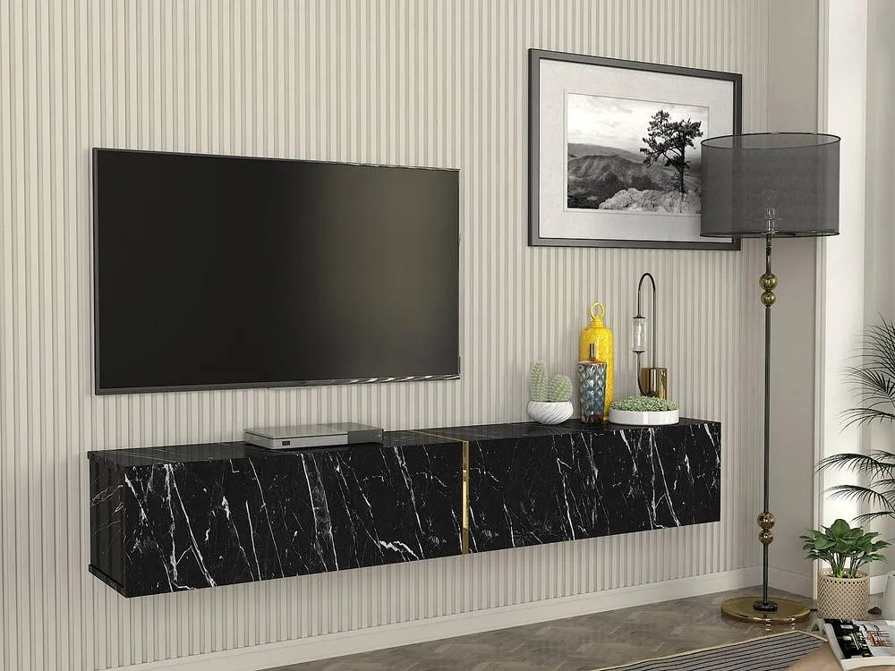 Vente-unique Wall - Mounted TV Stand With 2 Doors - Black Marble Effect - DINOMA