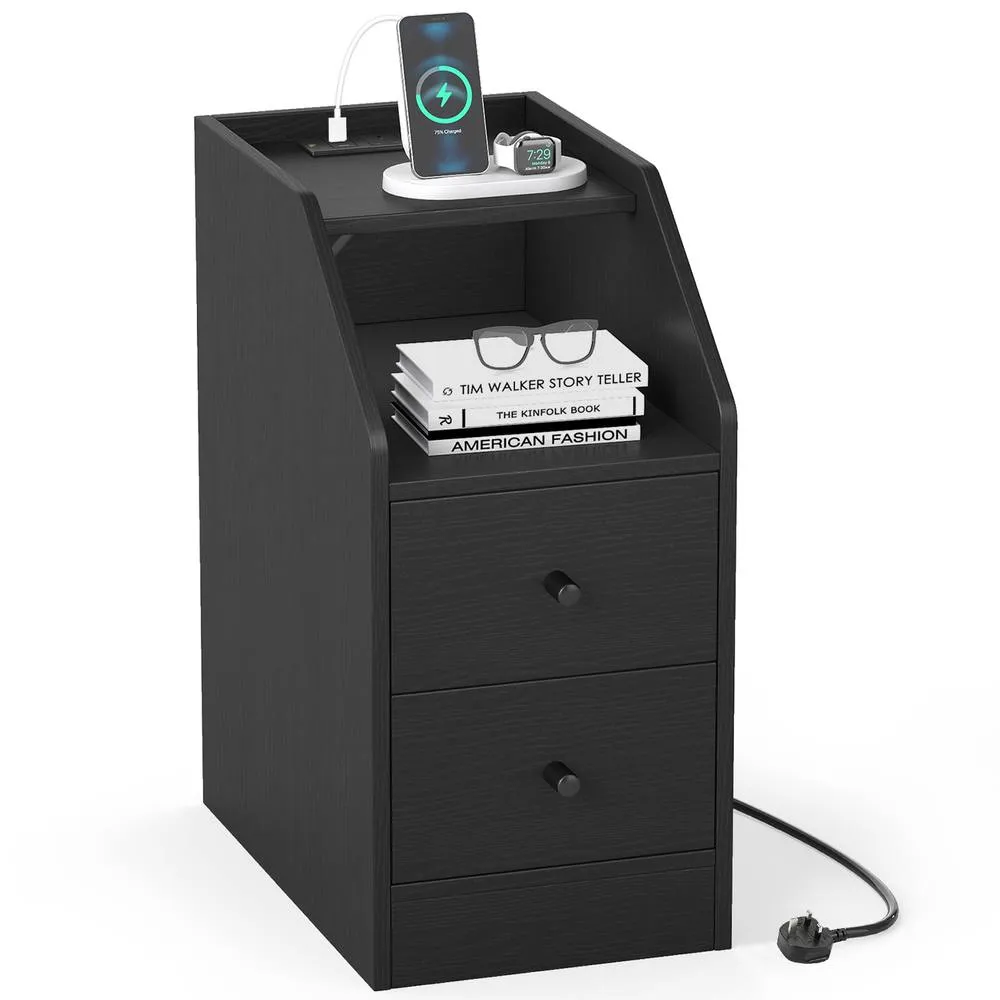 Costway Side End Table with Charging Station in Black
