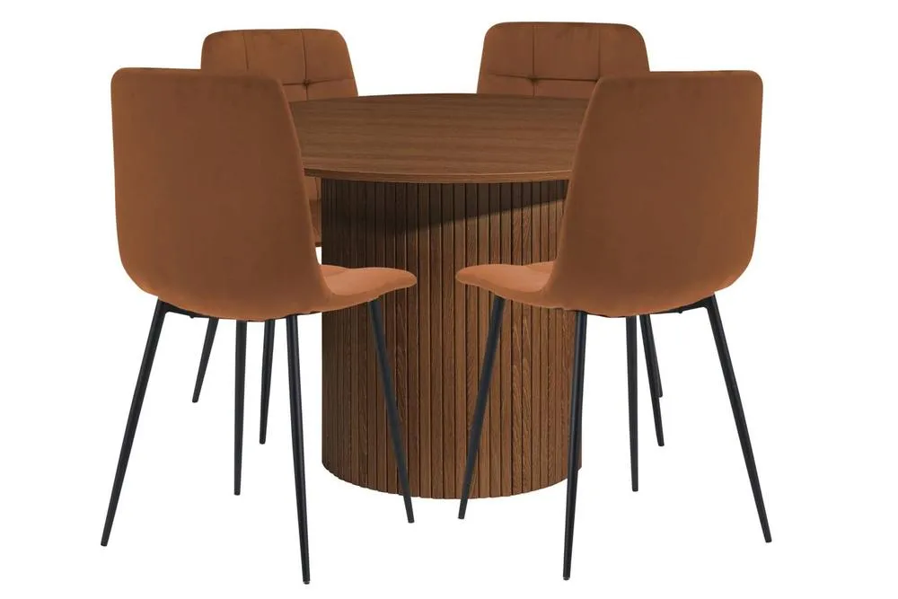 Birlea Axel Round Fluted Dining Set Table with 4 Chairs in Tan 6