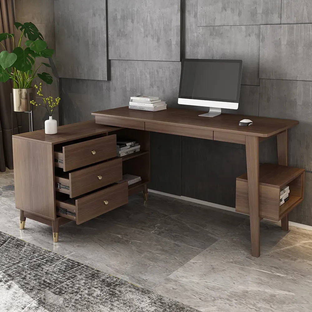 Ultic Walnut L Shaped Home Office Desk Desk with Storage Drawers & Shelf Computer Desk (120 cm)