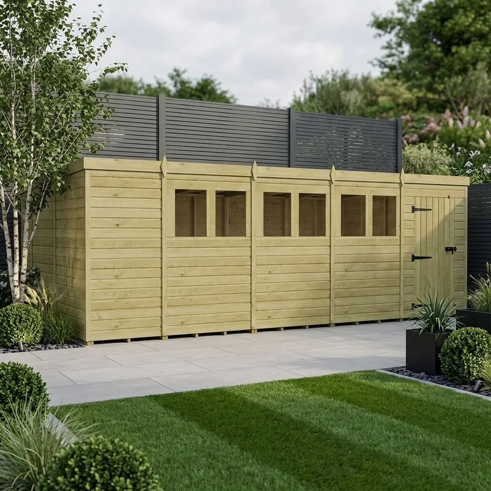 Buttercup Farm 19ft x 10ft Pent Garden Shed Single Door With Windows - Timber in Brown 2