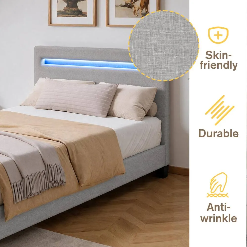 Comfy Living Ltd Modern Hopsack Fabric Upholstered Bedframe With LED Strip in Light Grey 5