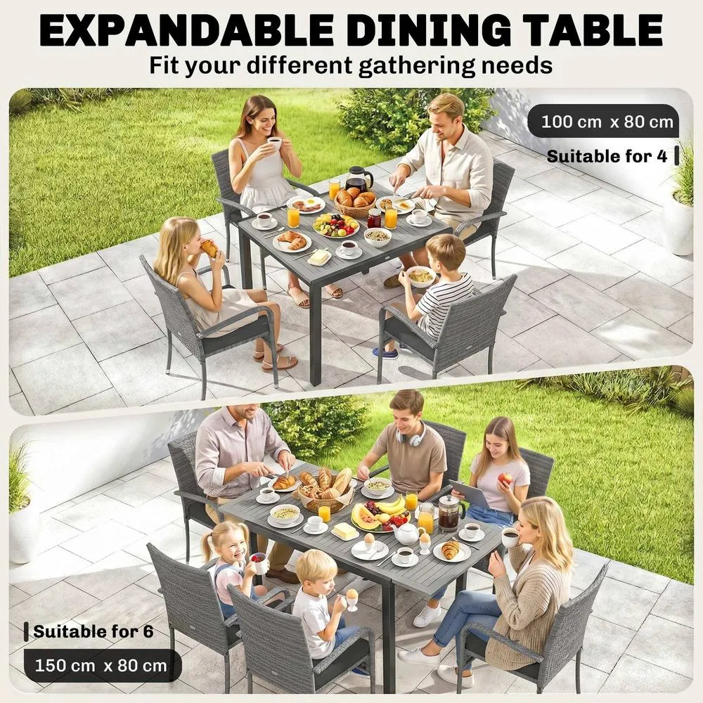 OUTSUNNY 6 Seater Rattan Garden Furniture Set with Stackable Chairs in Light Grey 6