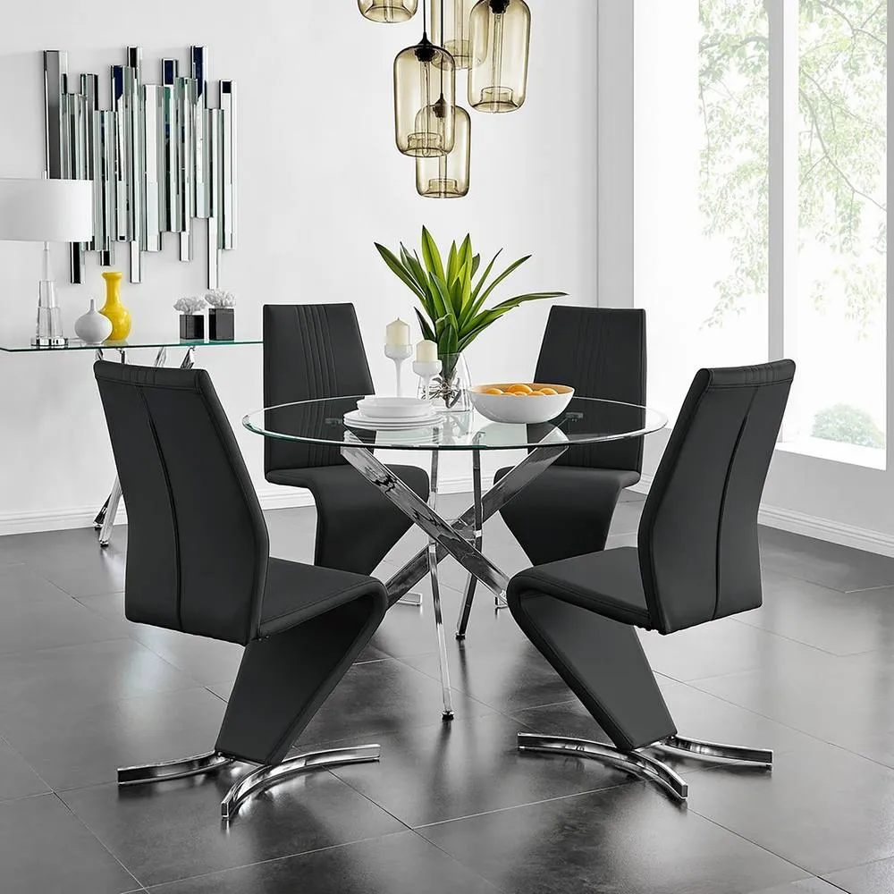 FurnitureboxUK Novara Chrome & Glass Large Round Dining Table & 4 Willow Chairs in Black