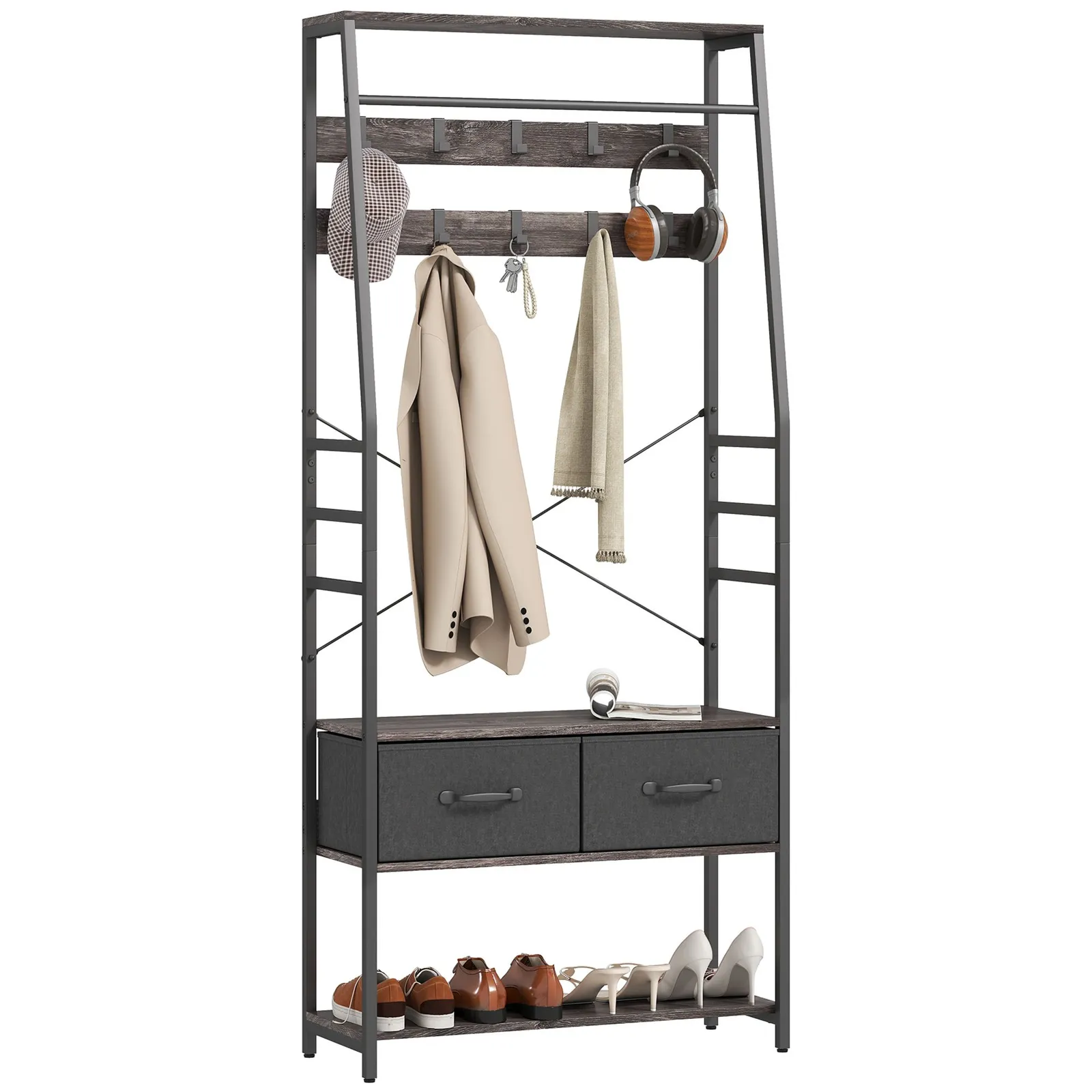 HOMCOM Coat Rack with Shoe Storage, Bench & 10 Hooks in Grey 2