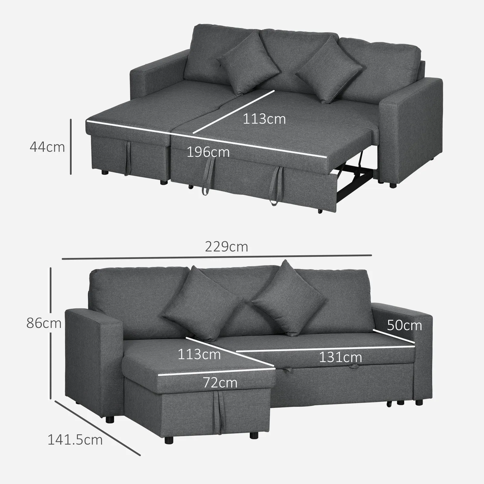 HOMCOM 3 Seater Corner Sofa Bed with Storage Reversible Chaise Dark Grey 3