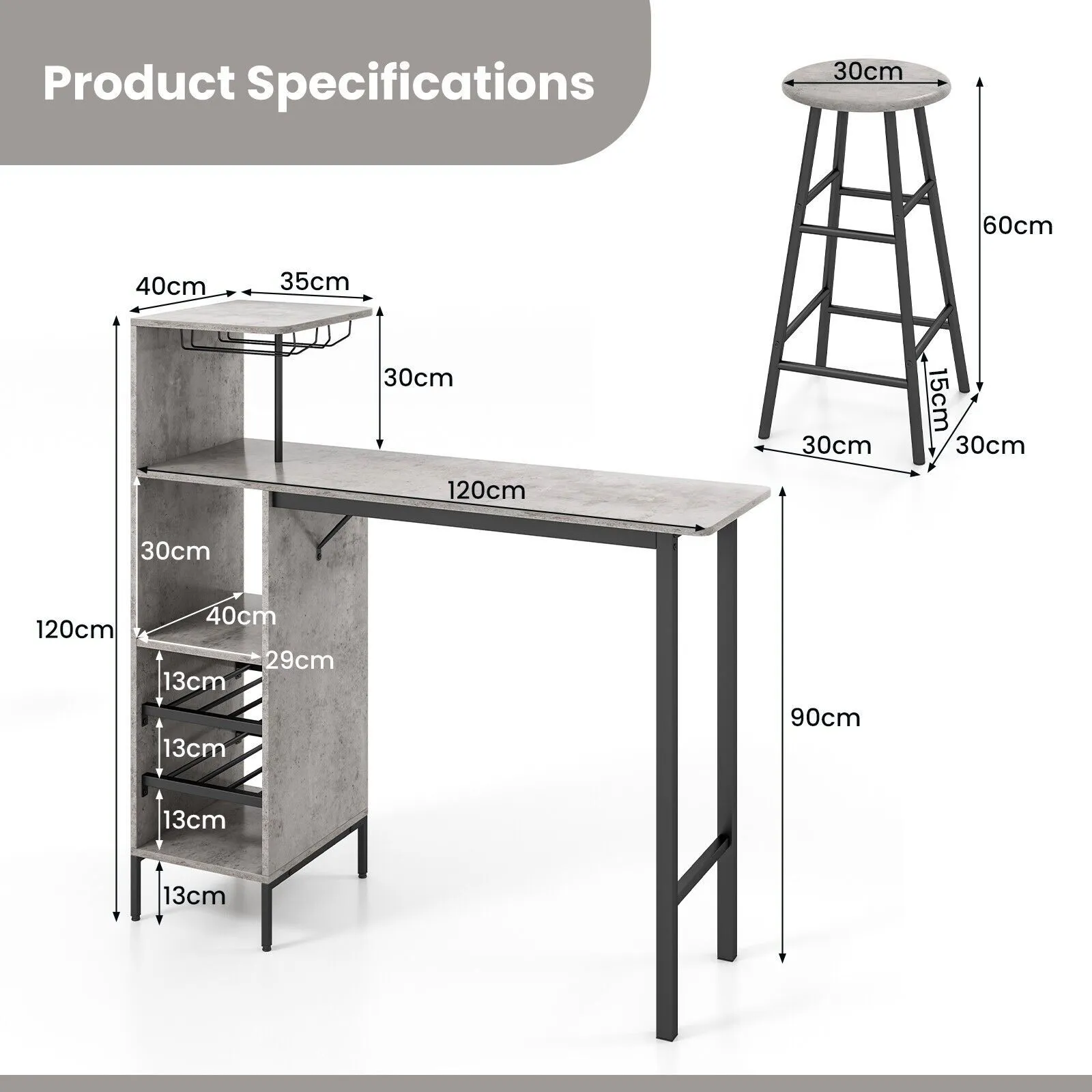 Costway 3PCS Bar Table & 2 Stool Industrial Kitchen Dining Set W/ Wine Rack Glass Holder in Grey 2