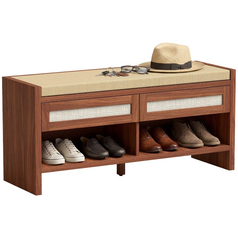 HOMCOM Shoe Bench with 2 Rattan Drawers Cushion Brown