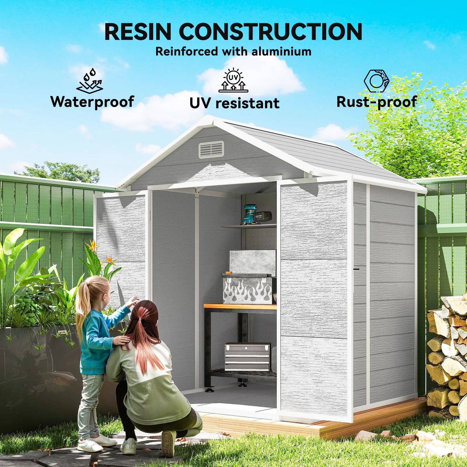 OUTSUNNY 6 x 5ft Resin Garden Shed with Floor & Window, Light Grey 5