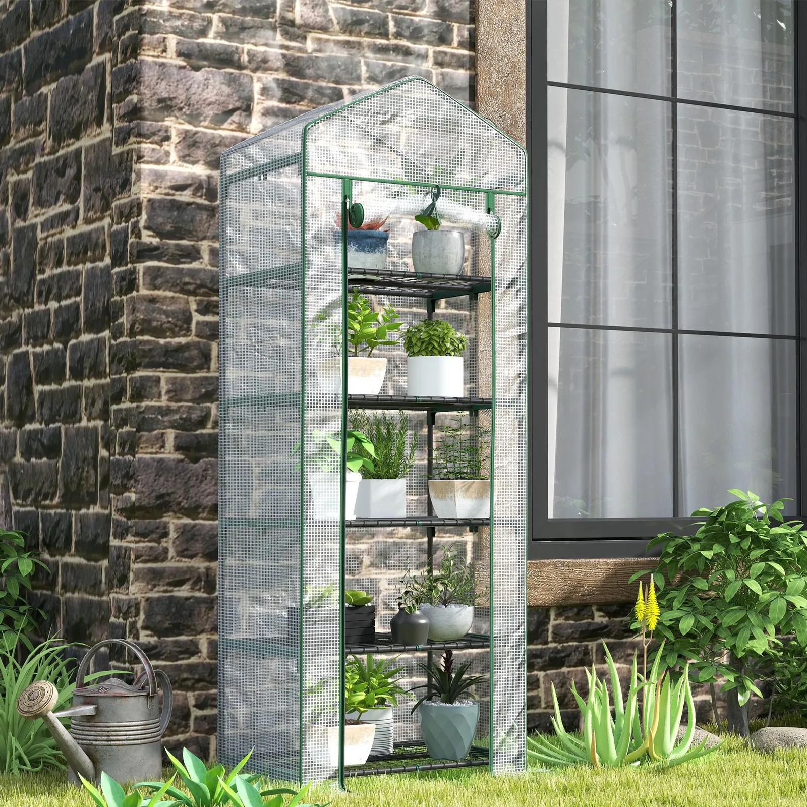 OUTSUNNY 5 Tier Mini Greenhouse Grow House w/ Roll Up Door, White/Green in White