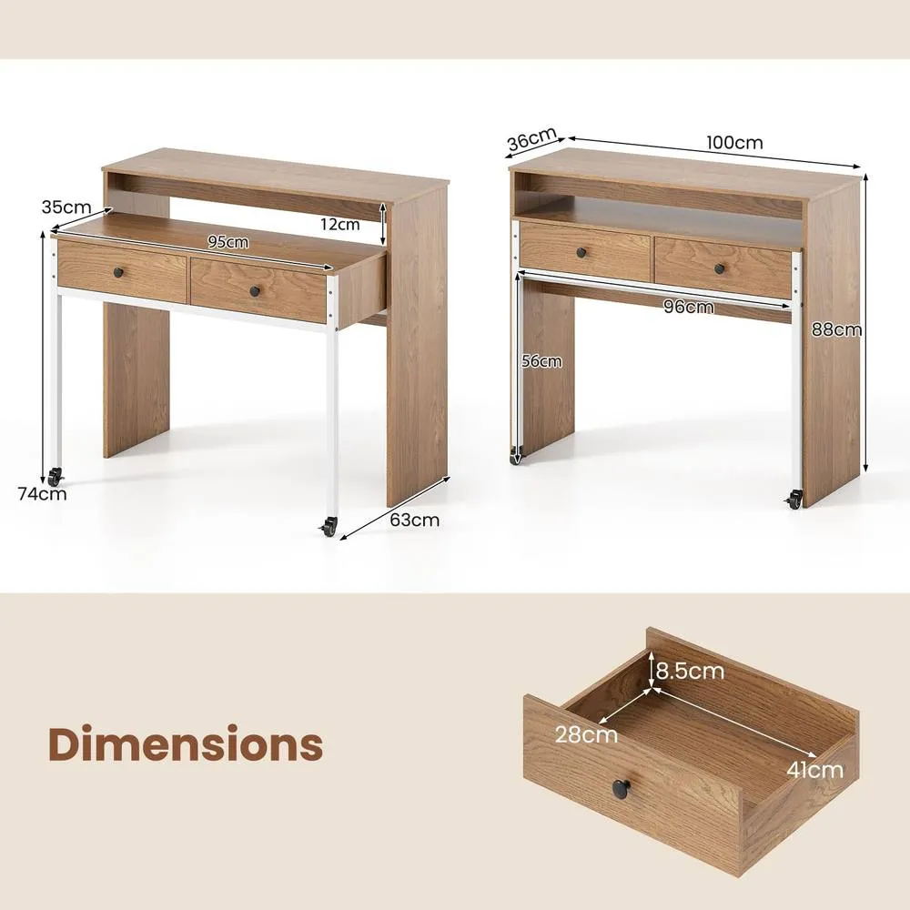 Costway Extendable Computer Desk Convertible Home Office Desk w/ Drawers in Natural 4