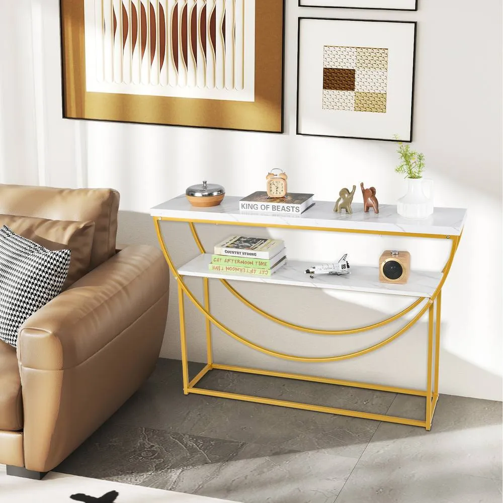 Costway 2-Tier Faux Marble Top Console Table Home Entryway Table-White in White 6
