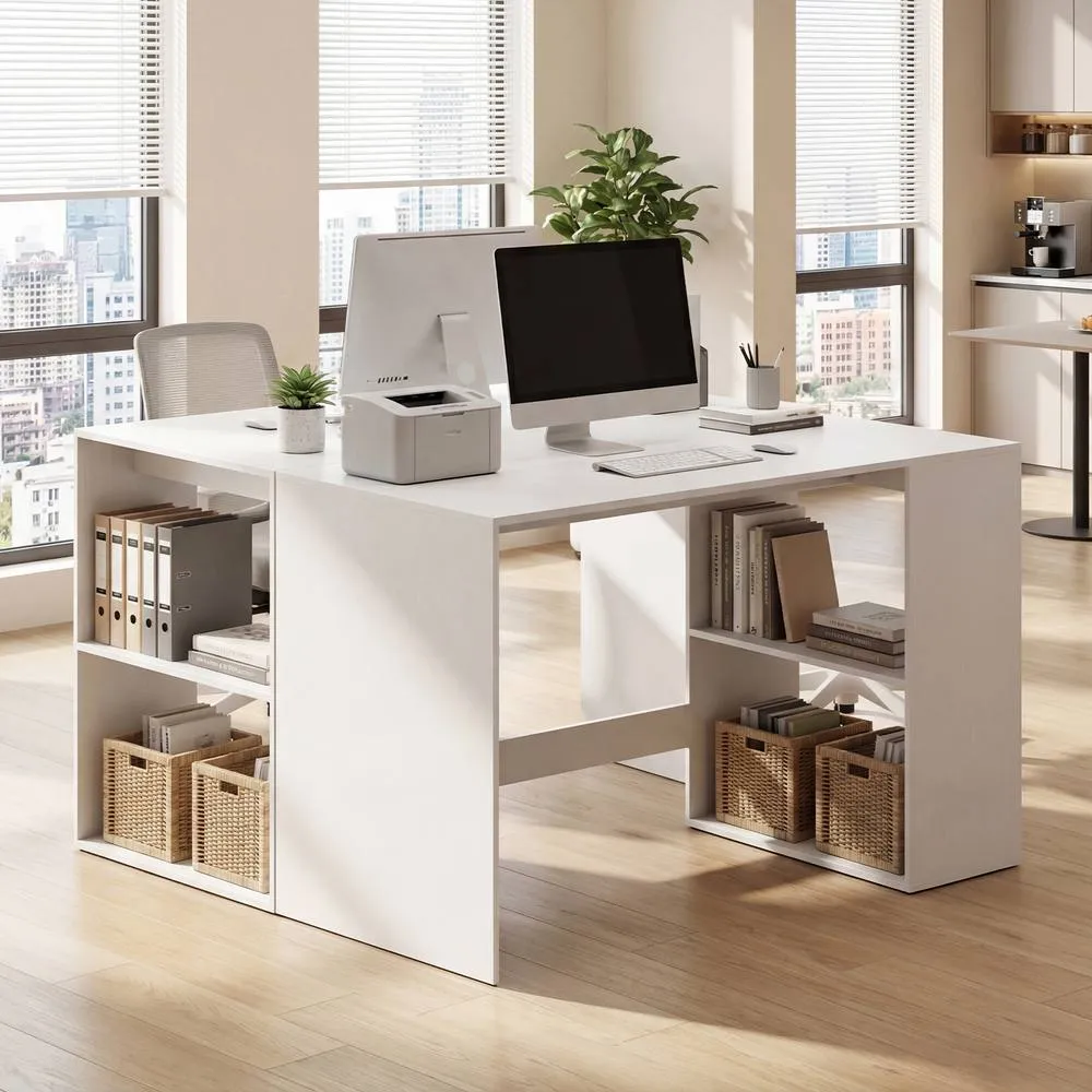 Costway Modern Writing Desk 2 Storage Shelves Computer Workstation White/Natural in White 4