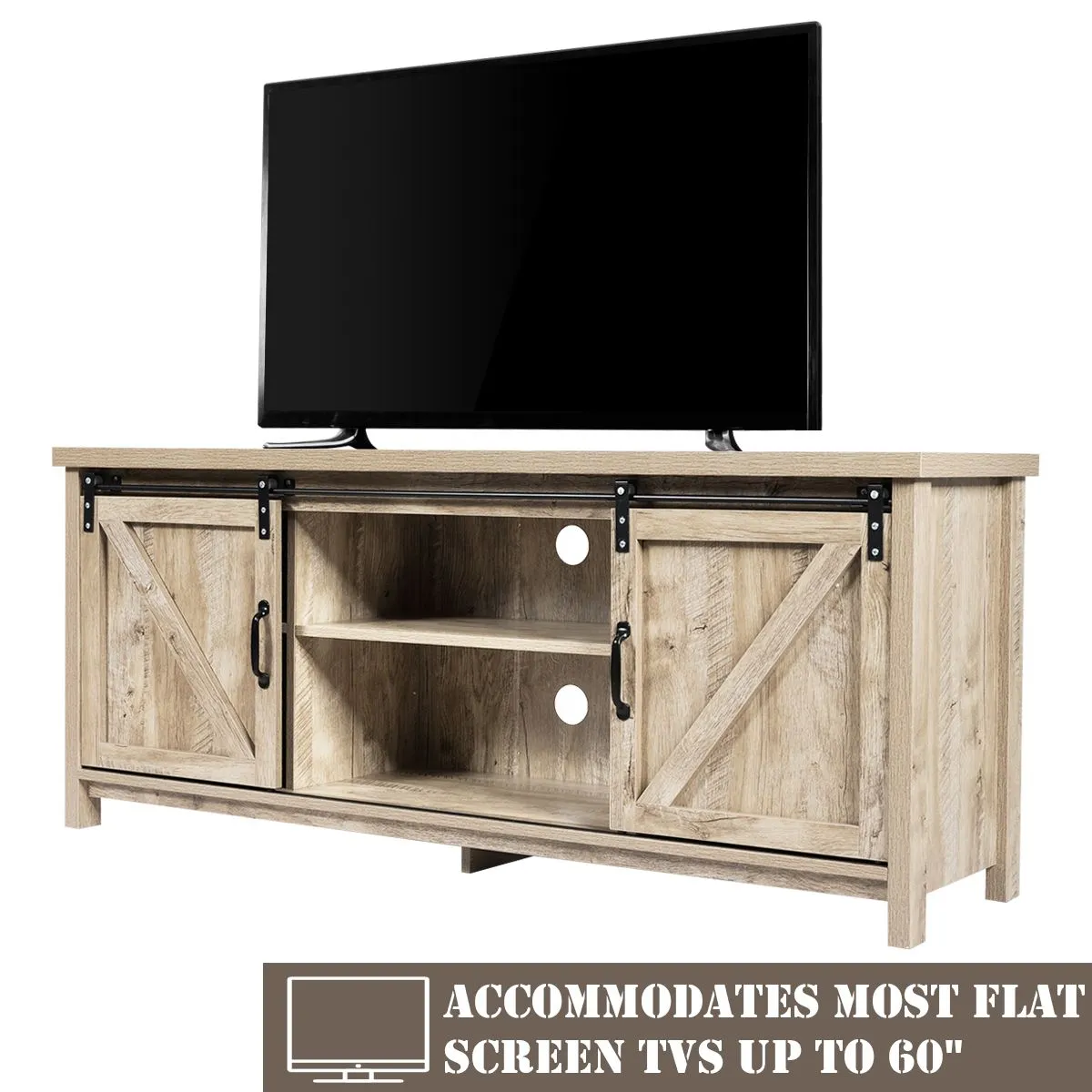 Costway Modern TV Cabinet for 60" Wooden Media Storage Shelves Stand W/ Cabinets in Grey 2